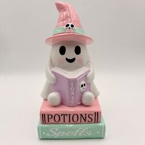 Pastel Halloween Ghost Witch Figurine Pink Hat Reading Spells Potions Books